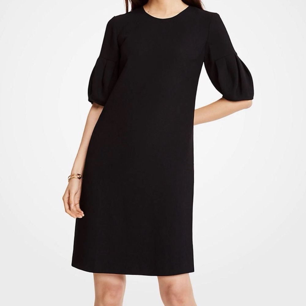 Ann Taylor Black Shift Dress with Puff Sleeves Size 4